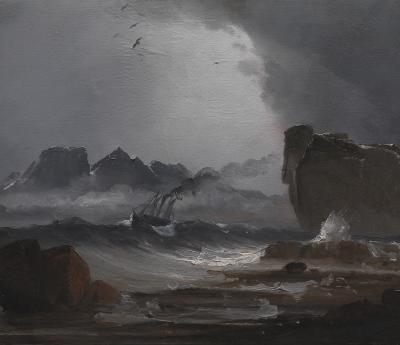 Peder Balke: Oprørt hav med dampskib [Heaving sea with steamship in distress], 1850/55, National Gallery of Denmark