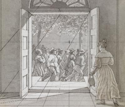 C. W. Eckersberg. En kvinde haster mod en døråbning med mennesker, der passerer forbi udenfor. Forlæg til tavle VI,3 i Linearperspectiven, anvendt på Malerkunsten, ca. 1841