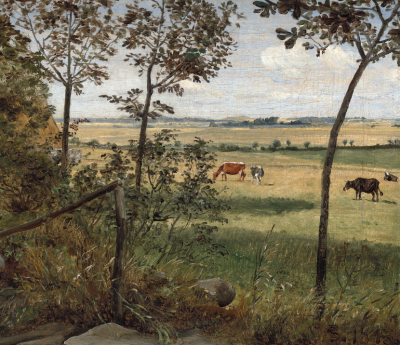 P. C. Skovgaard Sommerlandskab med køer set fra Sandgraven i Vejby mod Ørby Bavn, 1843