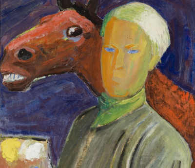 Olivia Holm-Møller, Selvportræt med palet og hest, ca. 1947. Tempera på lærred. 61 x 45 cm. Holstebro Kunstmuseum.