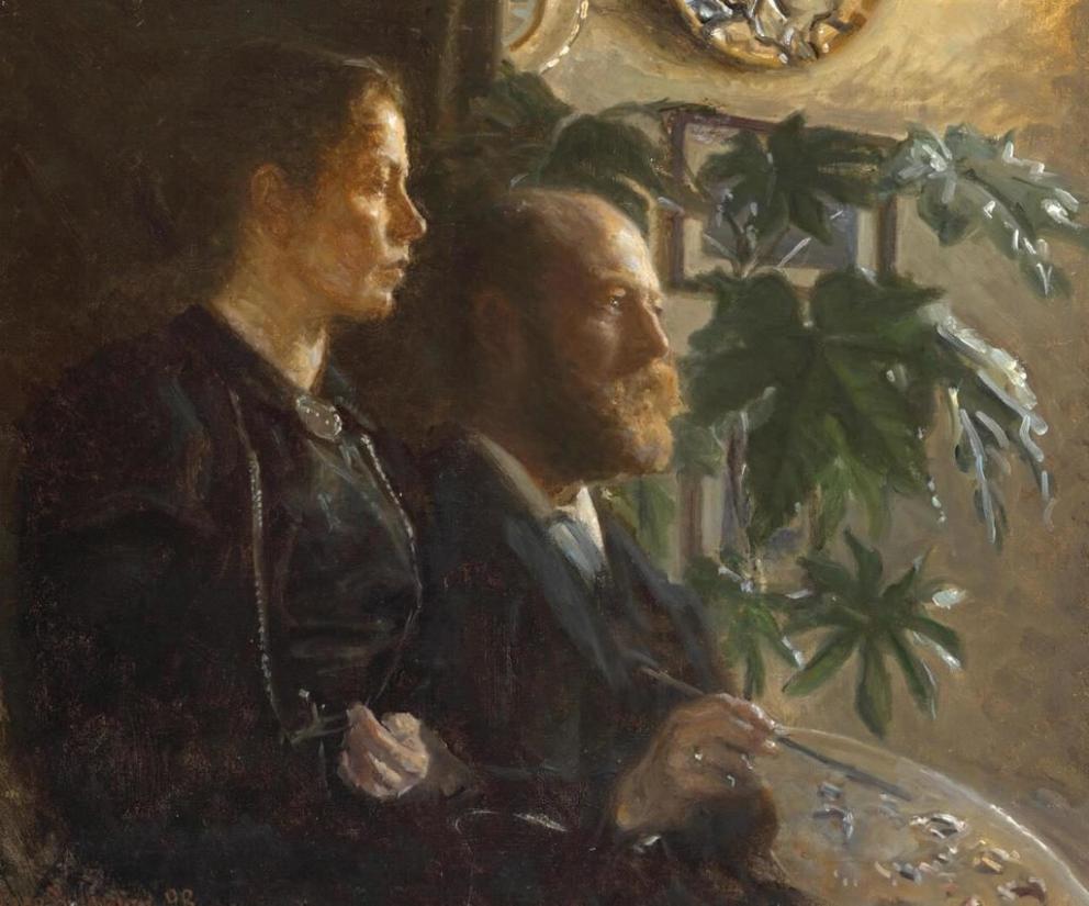 Viggo Johansen Kunstnerens selvportræt med palet i hånden og hustruen Martha ved sin side, 1898