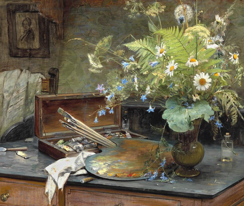 Bertha Wegmann  Interiør med markbuket, kunstnerens malerkasse, palet og en halvt røget cerut, ca. 1882 