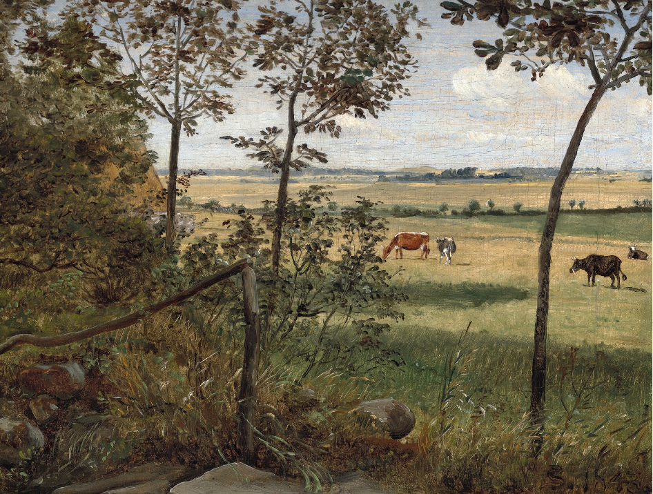 P. C. Skovgaard Sommerlandskab med køer set fra Sandgraven i Vejby mod Ørby Bavn, 1843