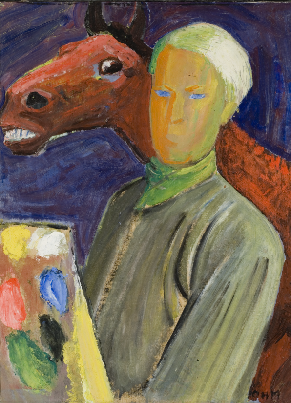 Olivia Holm-Møller, Selvportræt med palet og hest, ca. 1947. Tempera på lærred. 61 x 45 cm. Holstebro Kunstmuseum.